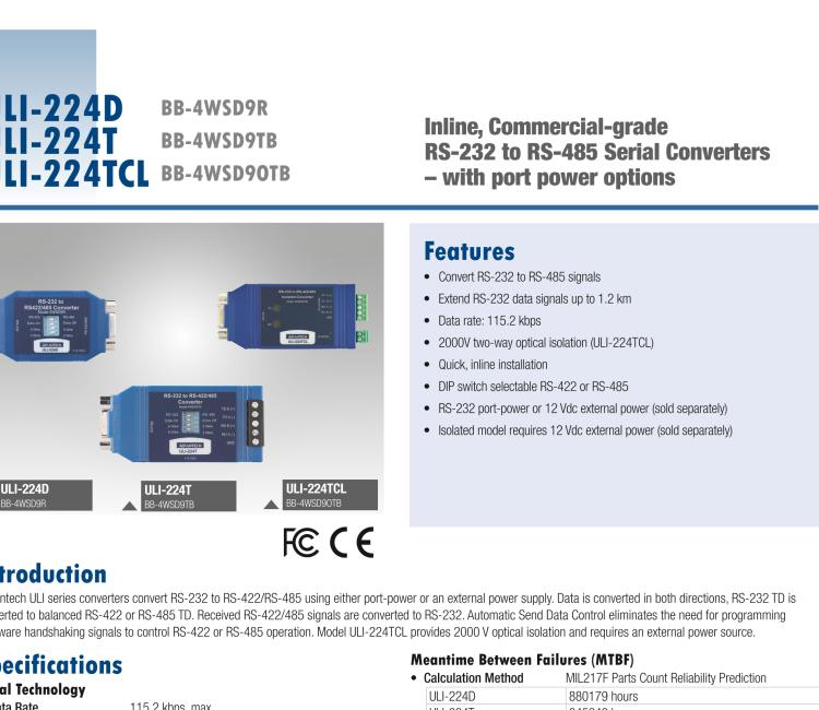 研华BB-4WSD9TB ULI-224T-RS-232（DB9母头）至RS422/485（接线端子）转换器