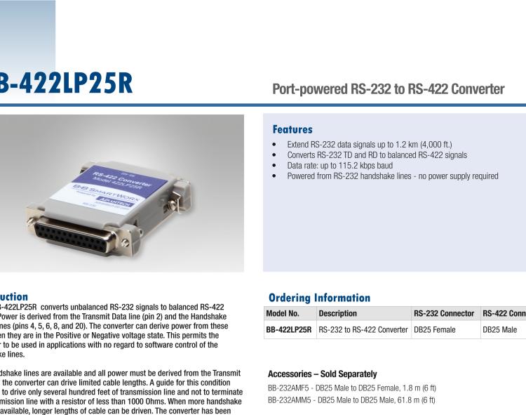 研华BB-422LP25R 串口转换器，RS-232 DB-25 F至RS-422 DB25 M，端口供电