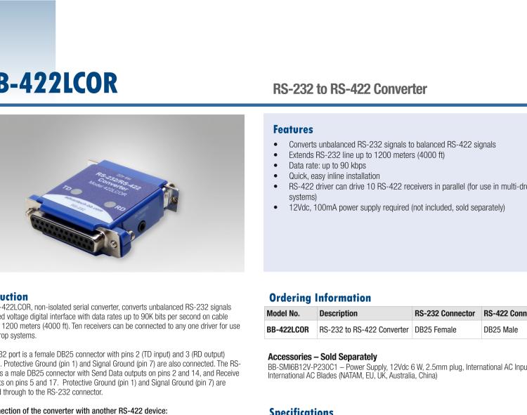 研华BB-422LCOR RS-232至RS-422转换器–DB25F至DB25M