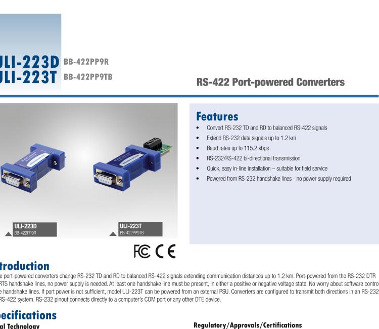 研华BB-422PP9R ULI-223D RS-232至RS-422转换器，端口供电，DB9母头连接器