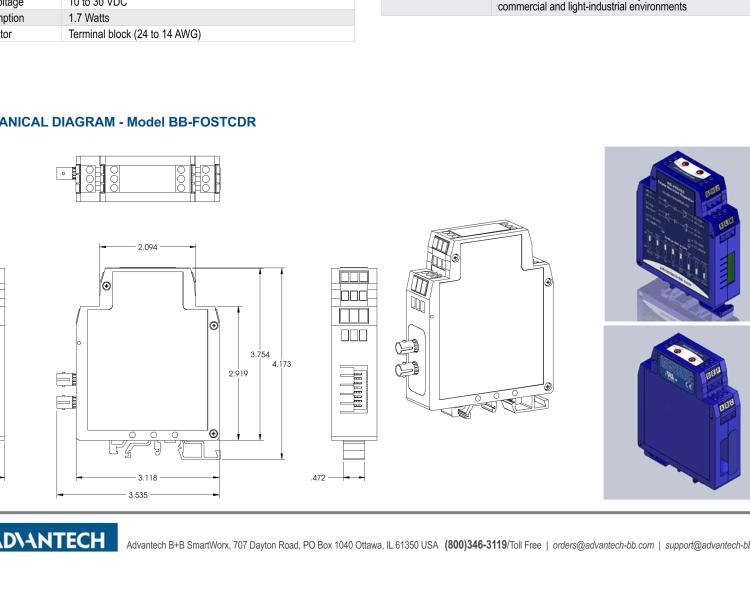 研华BB-FOSTCDR-INV 串口转换器，RS-232/422/485 TB至MM光纤ST（反向），工业DIN
