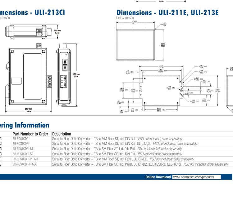 研华BB-FOSTCDRI-SC ULI-213CI 三重隔离RS-232/422/485（接线端子）至单模光纤转换器（SC连接器）DIN导轨安装