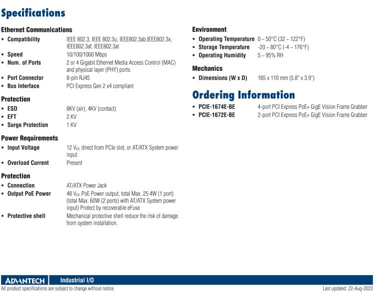 研华PCIE-1672E-BE 2-ports PCI Express PoE+ GigE Vision Frame Grab