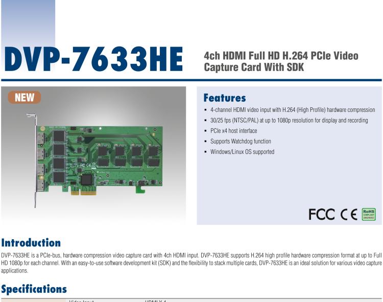 研华DVP-7633HE 4ch HDMI Full HD H.264 PCIe Video Capture Card With SDK