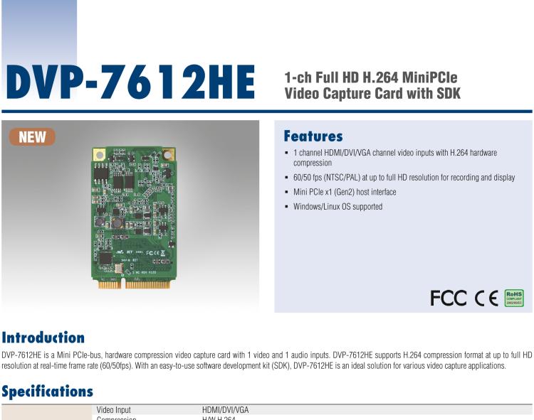 研华DVP-7612HE 1-ch Full HD H.264 MiniPCIe Video Capture Card with SDK