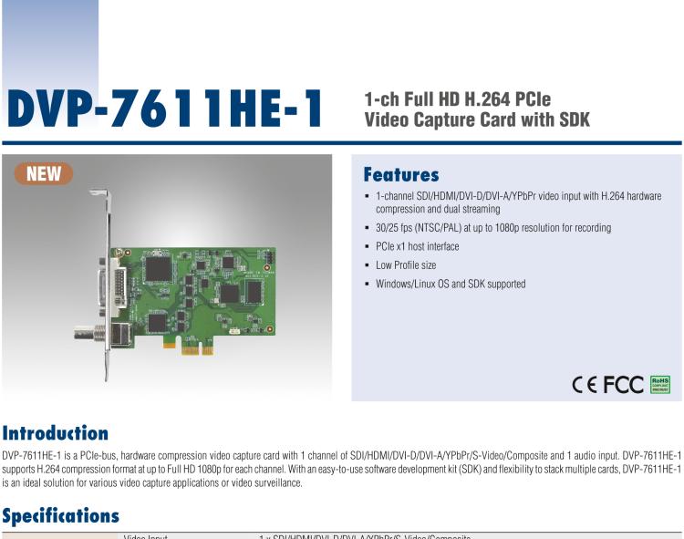 研华DVP-7611HE-1 DVP-7611HE-1 is a PCIe-bus, hardware compression video capture card with 1 channel of SDI/HDMI/DVI-D/DVI-A/YPbPr/S-Video/Composite and 1 audio input.