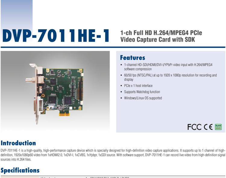 研华DVP-7011HE-1 1-ch Full HD H.264/MPEG4 PCIe Video Capture Card with SDK