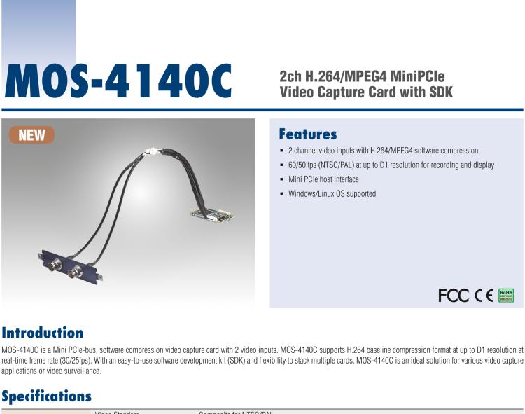 研华MOS-4140C 4-ch H.264/MPEG4 MiniPCIe Video Capture Card with SDK