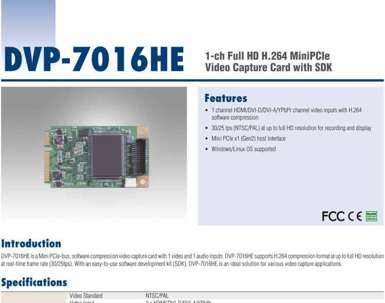 研华DVP-7016HE 1-ch Full HD H.264 MiniPCIe Video Capture Card with SDK