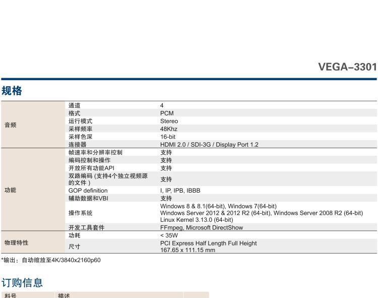 研华VEGA-3301 4Kp60 HEVC 广电级视频编码卡