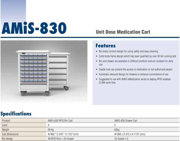 研华AMiS-830 AMiS UD Medication Cart can be used to transfer the RFID-tagged medication bins from the pharmacy to the nursing station or patient wards.